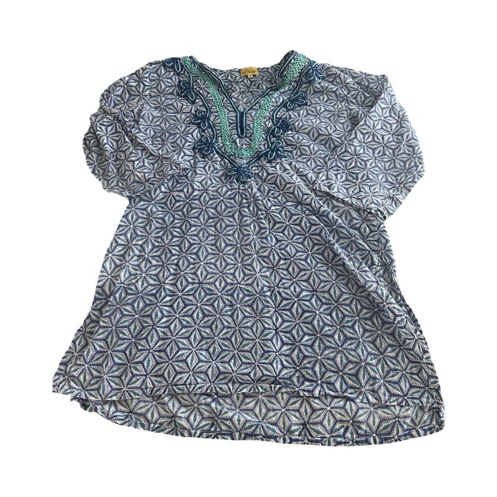 Roberta Roller Rabbit Blue Geometric Cotton Tunic Top Embroidered V-Neck Medium